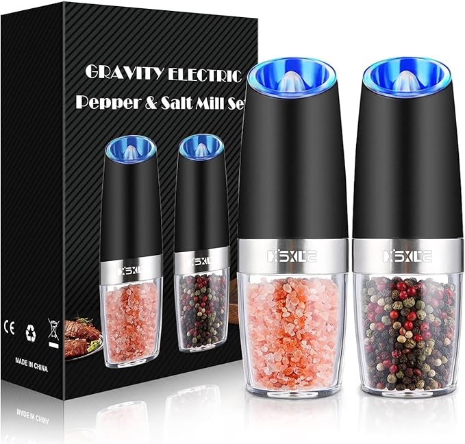 XinXu Gravity Electric Pepper and Salt Grinder Set, Adjustable Coarseness, Battery Powered with LED Light, One Hand Automatic Operation, 2 Pack/Black